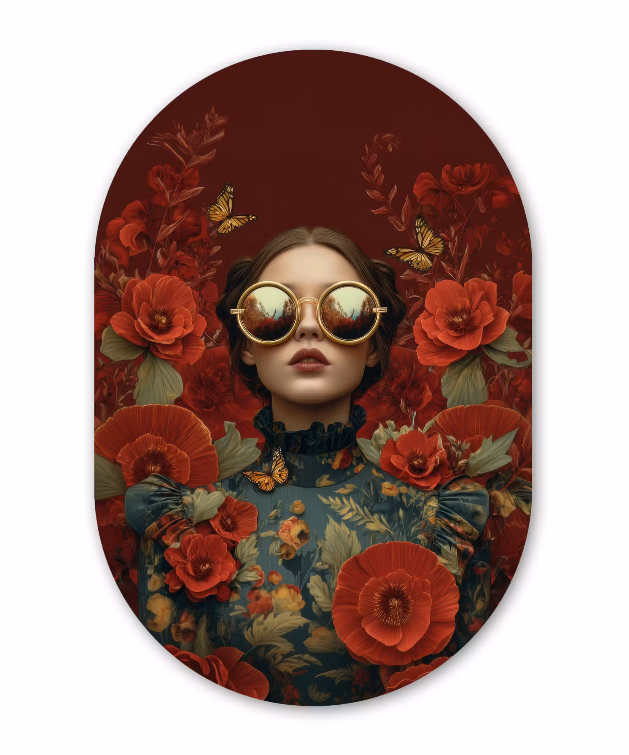 Alu-Dibond-Bild Oval - Blumen - Tiefrot - Sonnenbrille - Frau