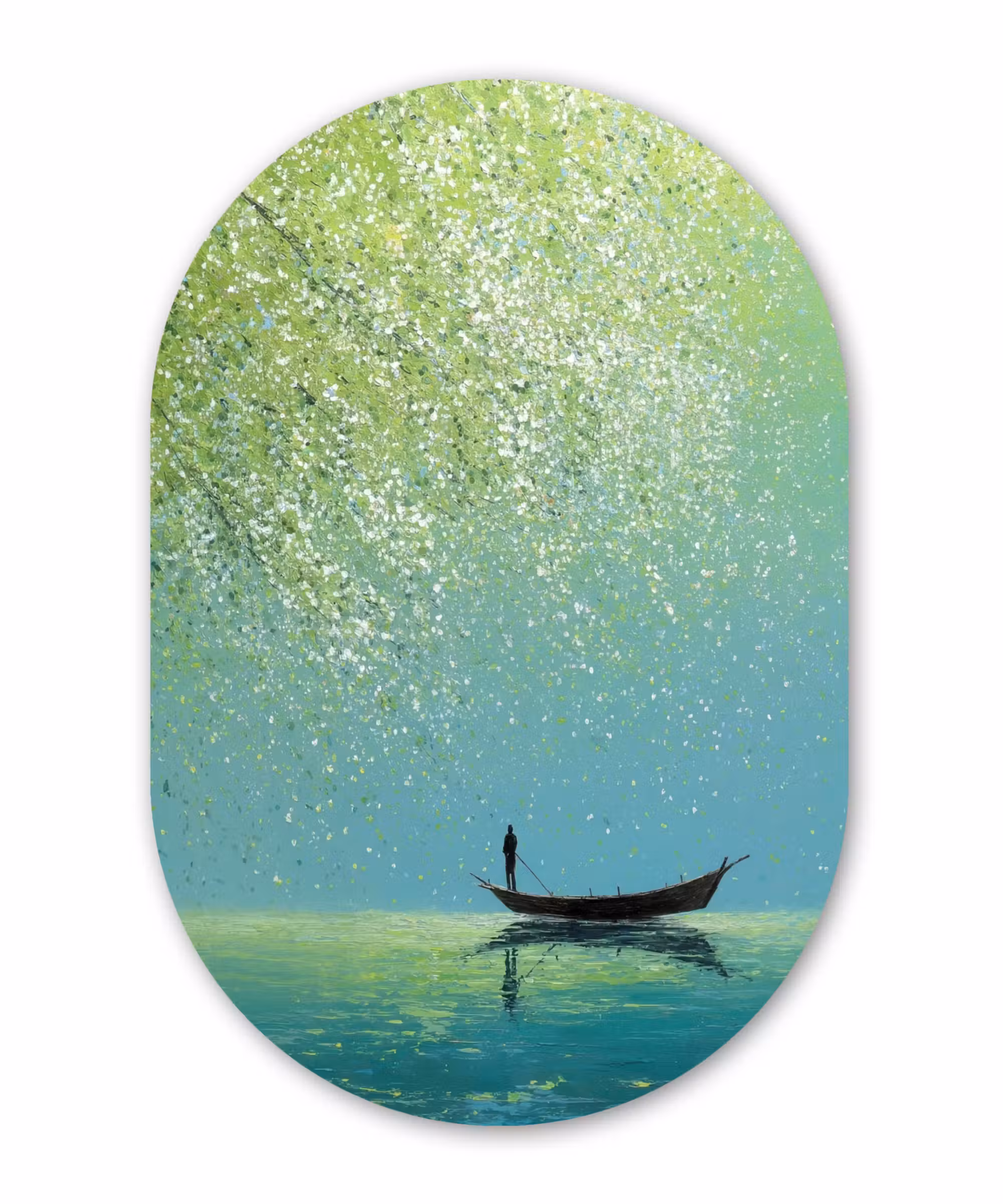 Alu-Dibond-Bild Oval - Boot - Wasser - Blätter - Blüten