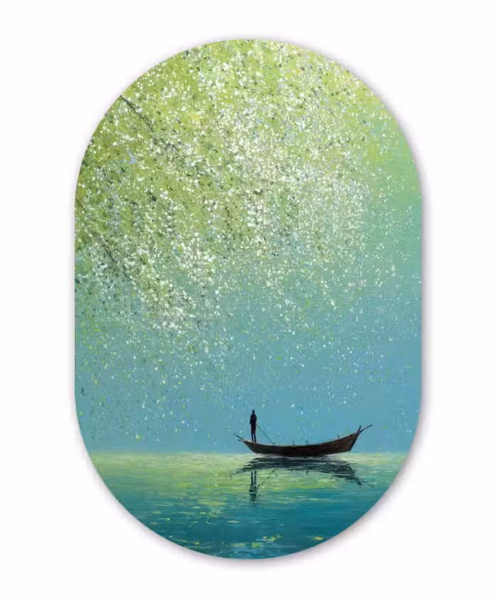 Alu-Dibond-Bild Oval - Boot - Wasser - Blätter - Blüten