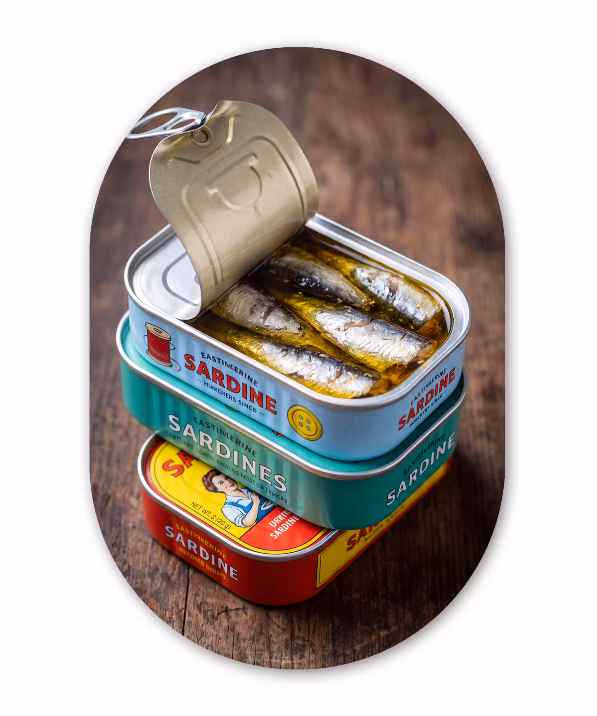 Alu-Dibond-Bild Oval - Fisch – Dosen – Küche