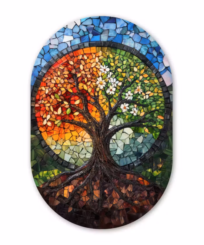 Glasbild Oval - Baum - Jahreszeiten - Mosaik - Berge