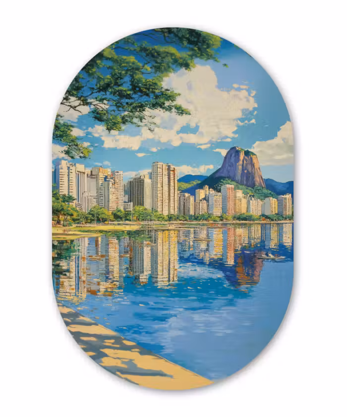 Glasbild Oval - Berg - Skyline - Strand - Wasser