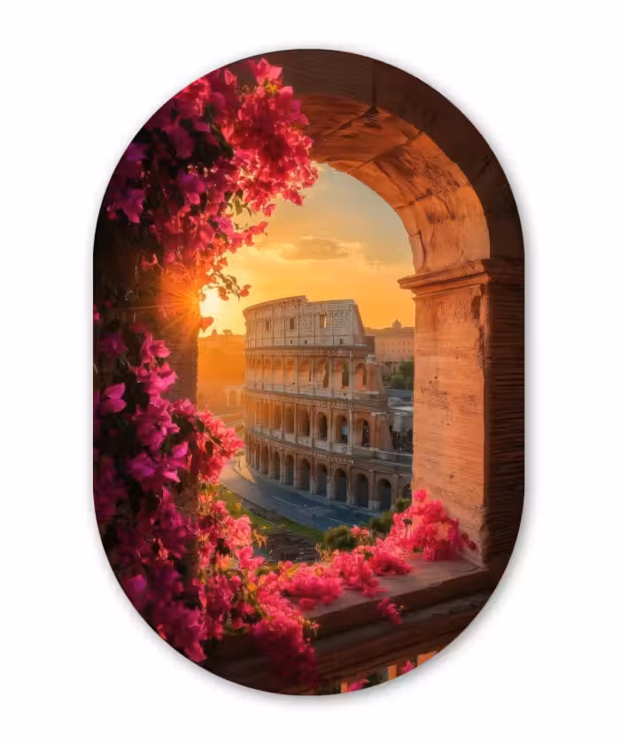 Glasbild Oval - Kolosseum - Rom - Rosa Blumen