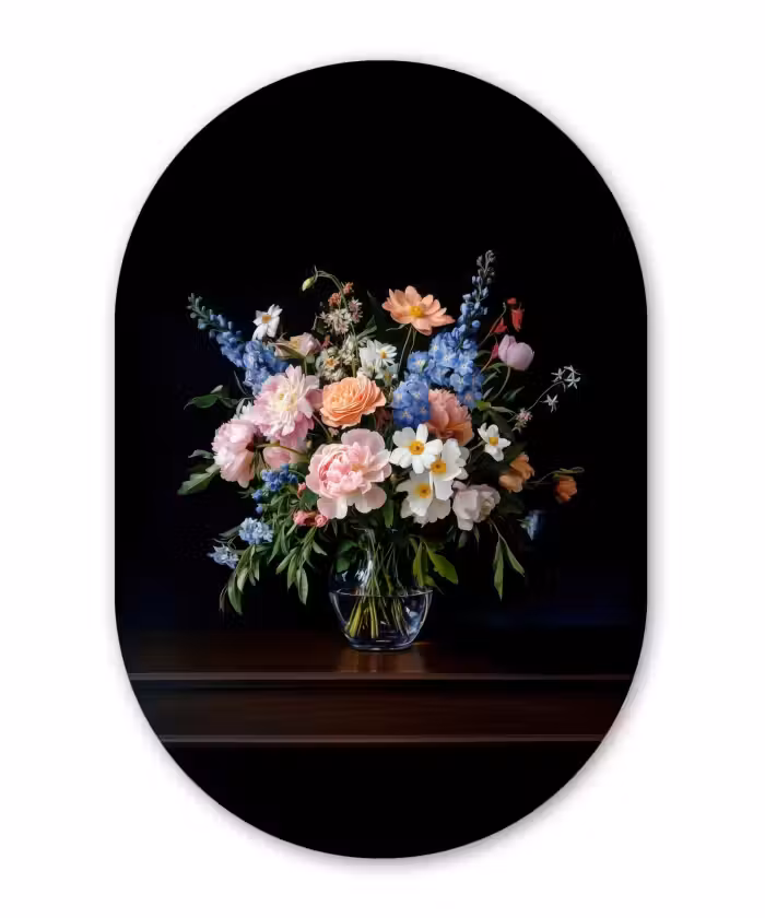 Glasbild Oval - Pastell - Blumen - Vase