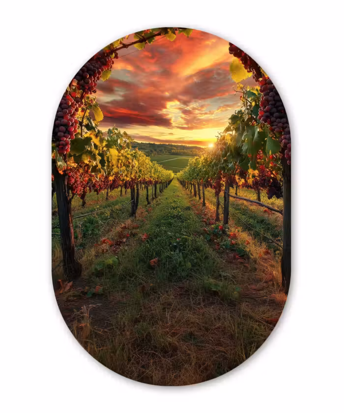 Glasbild Oval - Weinberg - Weintrauben - Sonnenuntergang