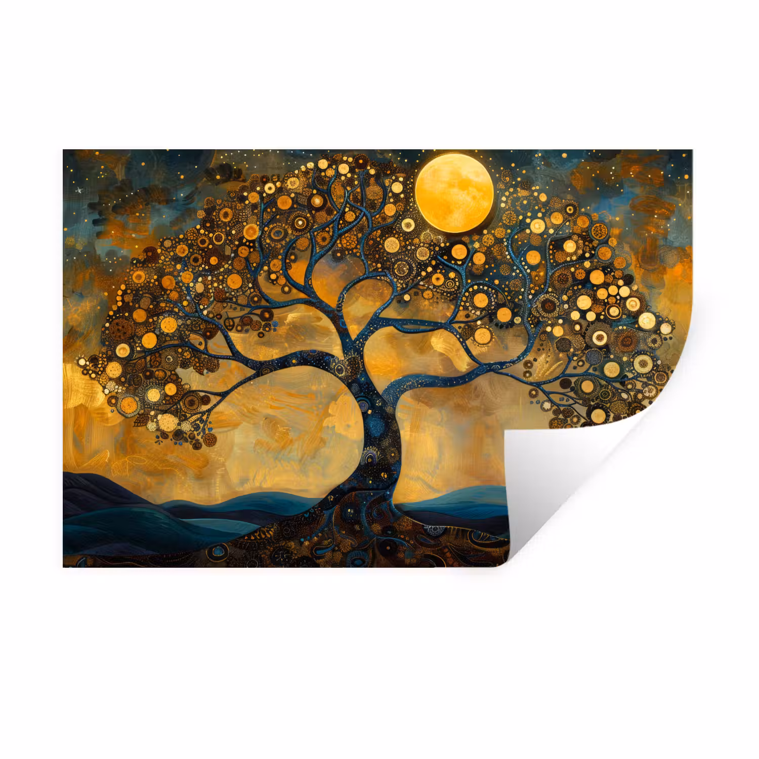 Wandtattoo – Baum - Mond - Blumen - Gold - Kunst