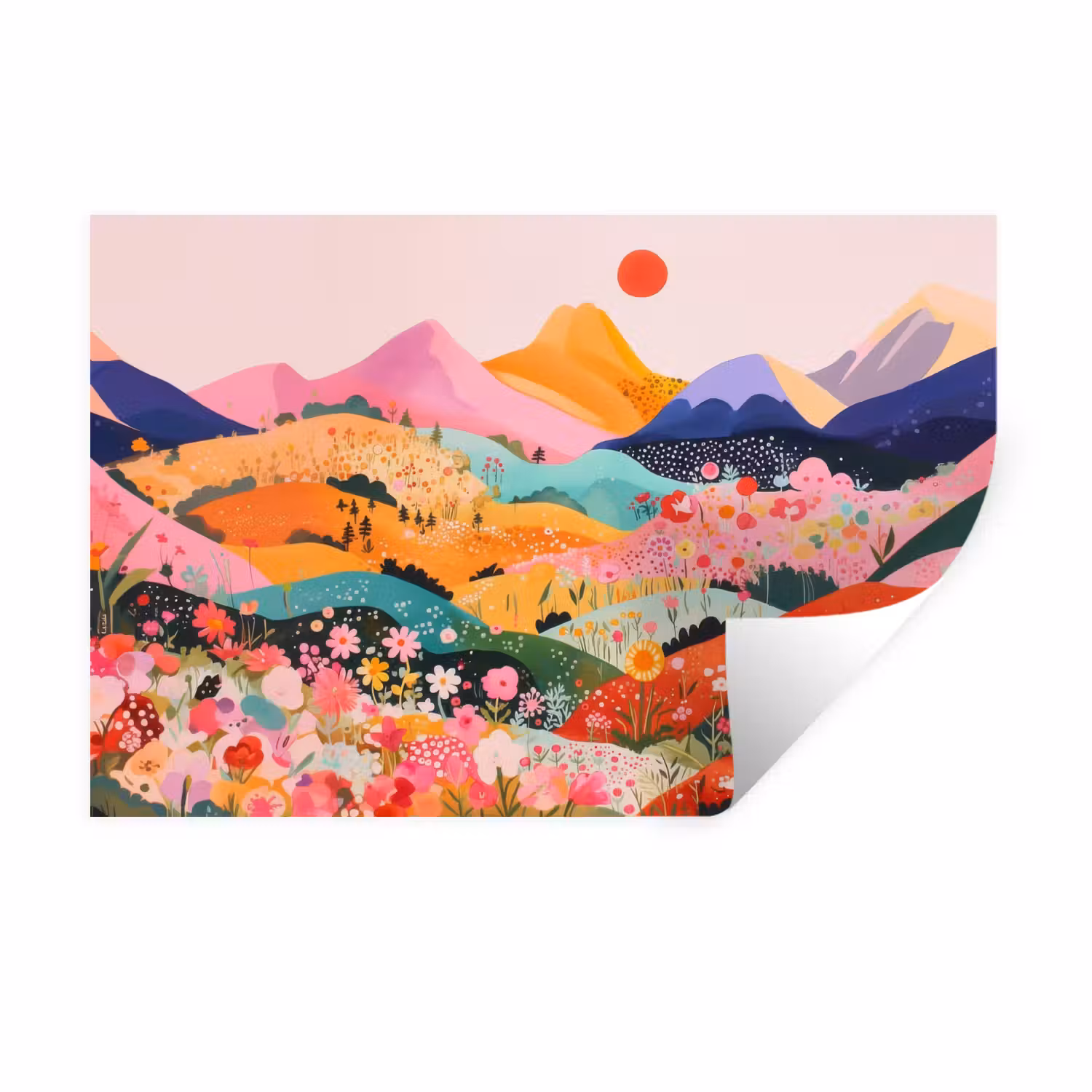 Wandtattoo – Bunte Blumen - Berge - Fantasielandschaft