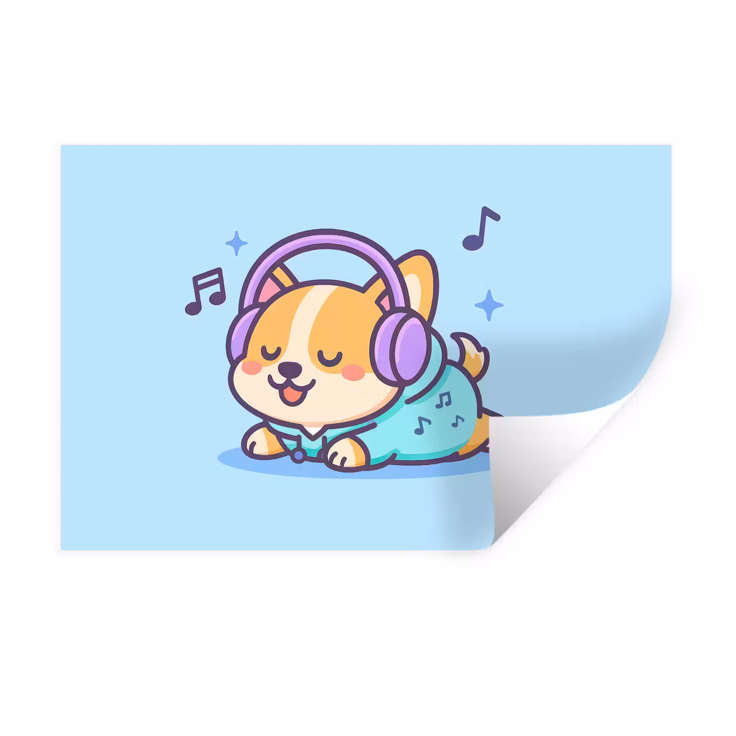 Wandtattoo – Corgi - Kopfhörer - Blau - Musikalische Noten
