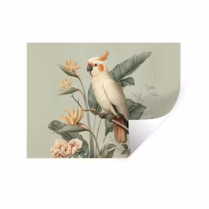 Wandtattoo – Gelbhaubenkakadu - Paradiesvogel Blumen - Grün