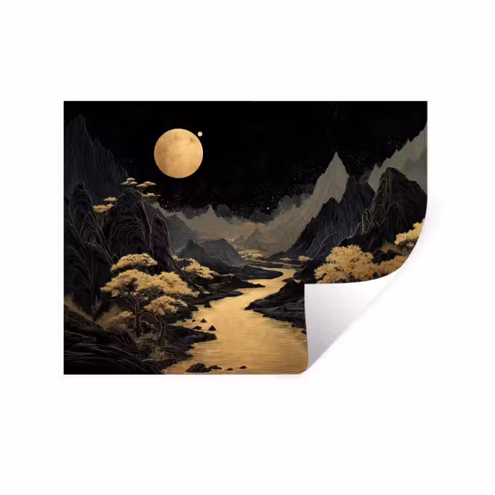 Wandtattoo – Goldener Fluss - Berge - Mond - Sternenhimmel