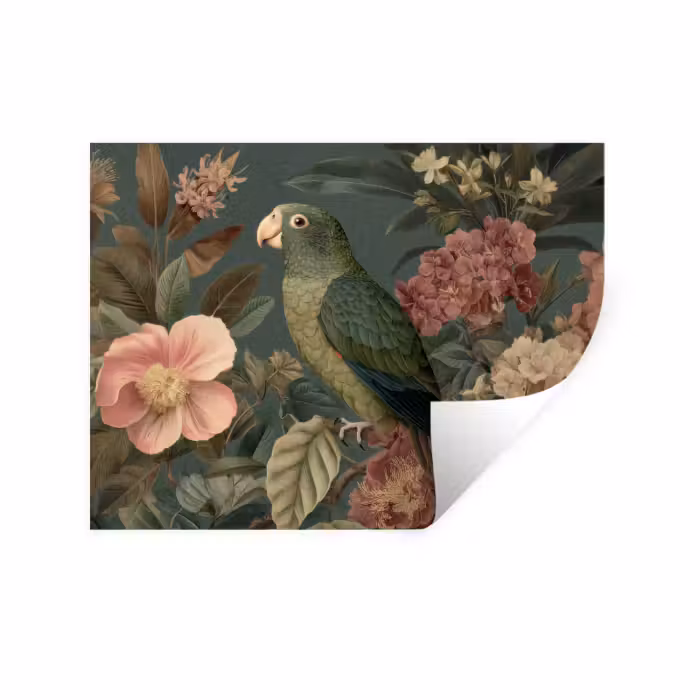 Wandtattoo – Grüner Papagei - Bunte Blumen - Dunkler Hintergrund