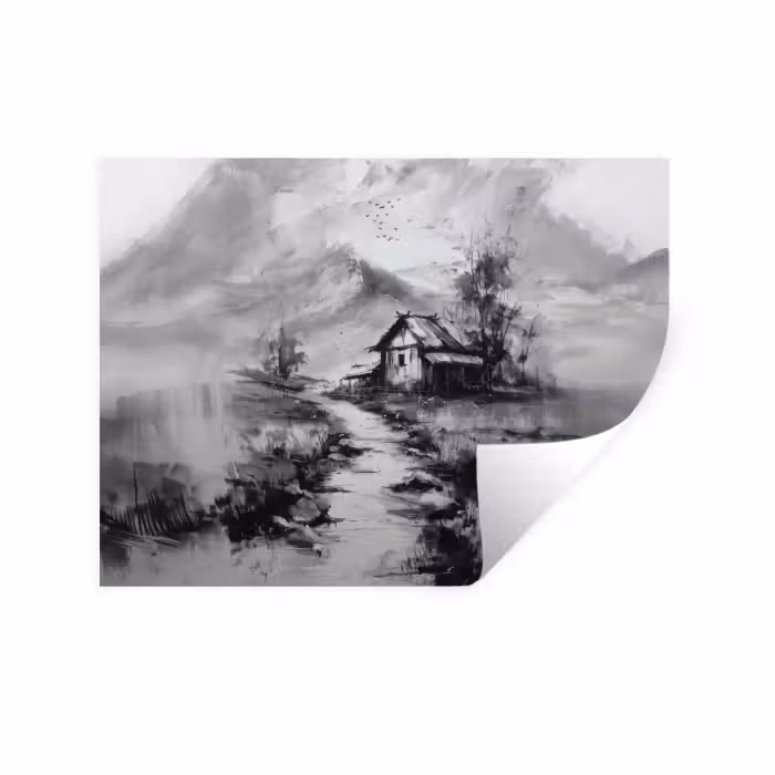 Wandtattoo – Hütte - Grau - Berge - Neblig