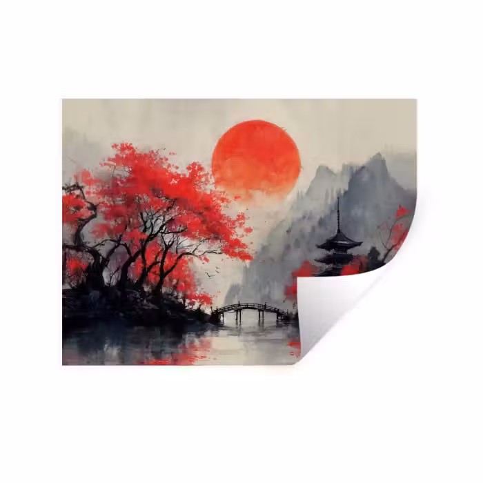 Wandtattoo – Rote Sonne - Fluss - Brücke - Bäume