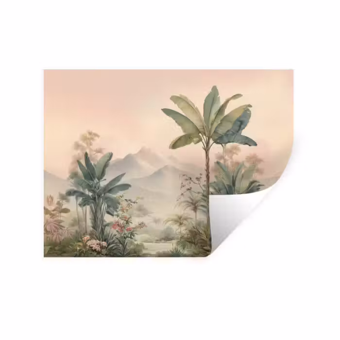 Wandtattoo – Tropische Landschaft - Palmen - Blumen - Rosa Himmel