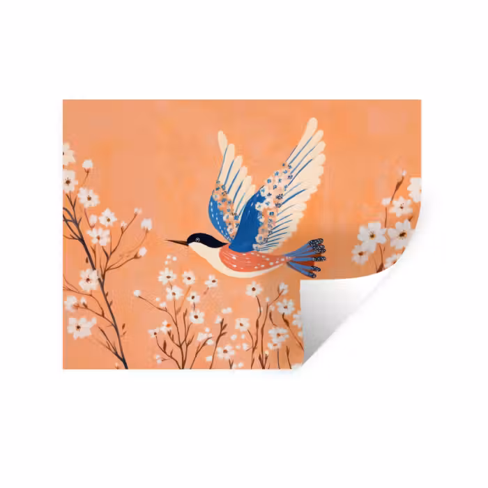 Wandtattoo – Vogel - Blütenzweige - Warm - Farbenfroh