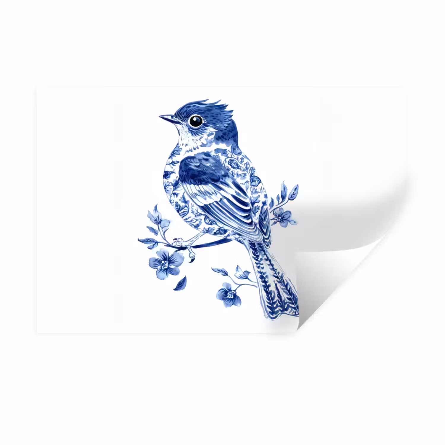 Wandtattoo – Vogel - Delfter Blau - Illustration - Blumen
