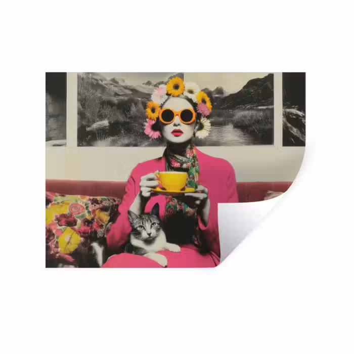 Wandtattoo – Frau - Katze - Blumen - Tasse - Retro