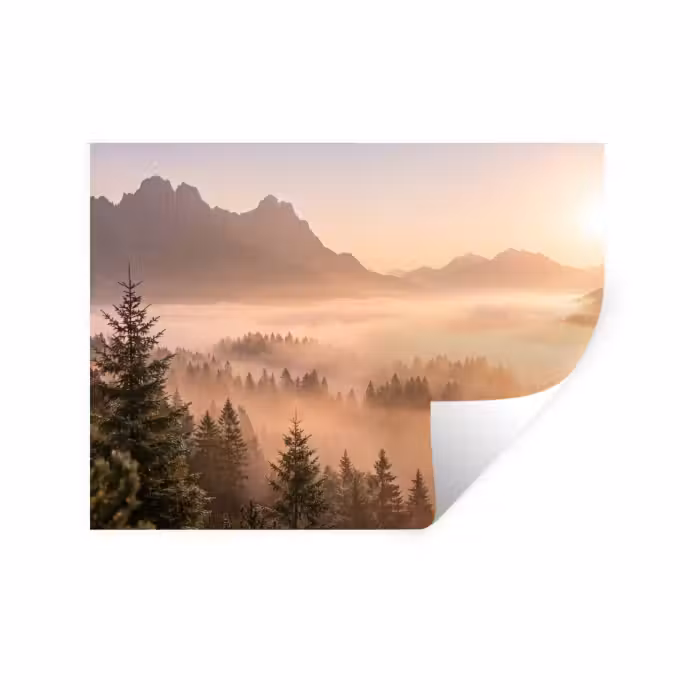 Wandtattoo – Sonnenlicht - Nebel - Berge - Bäume
