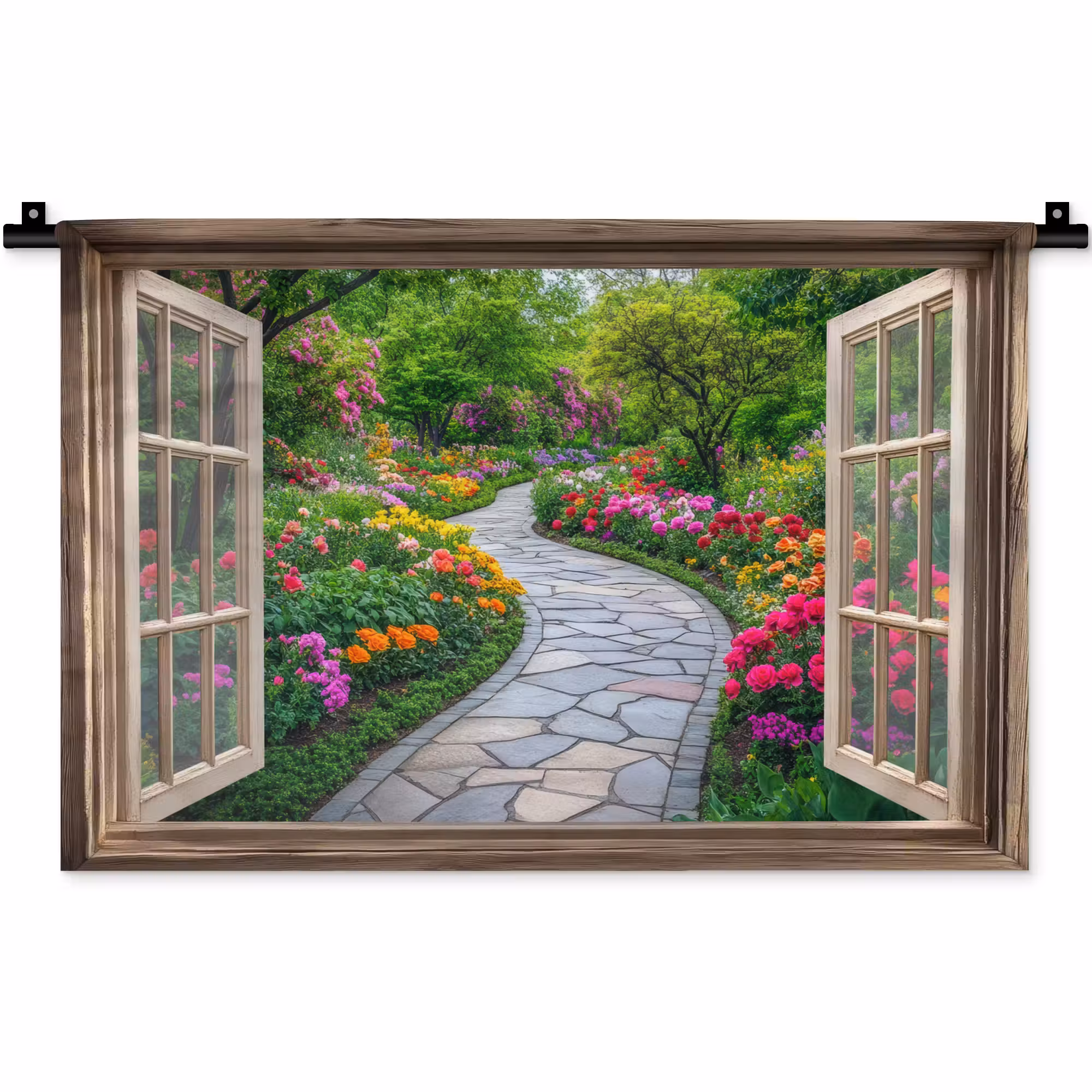 Wandteppich - Aussicht - Blumen - Gartenweg - Natur - Fenster