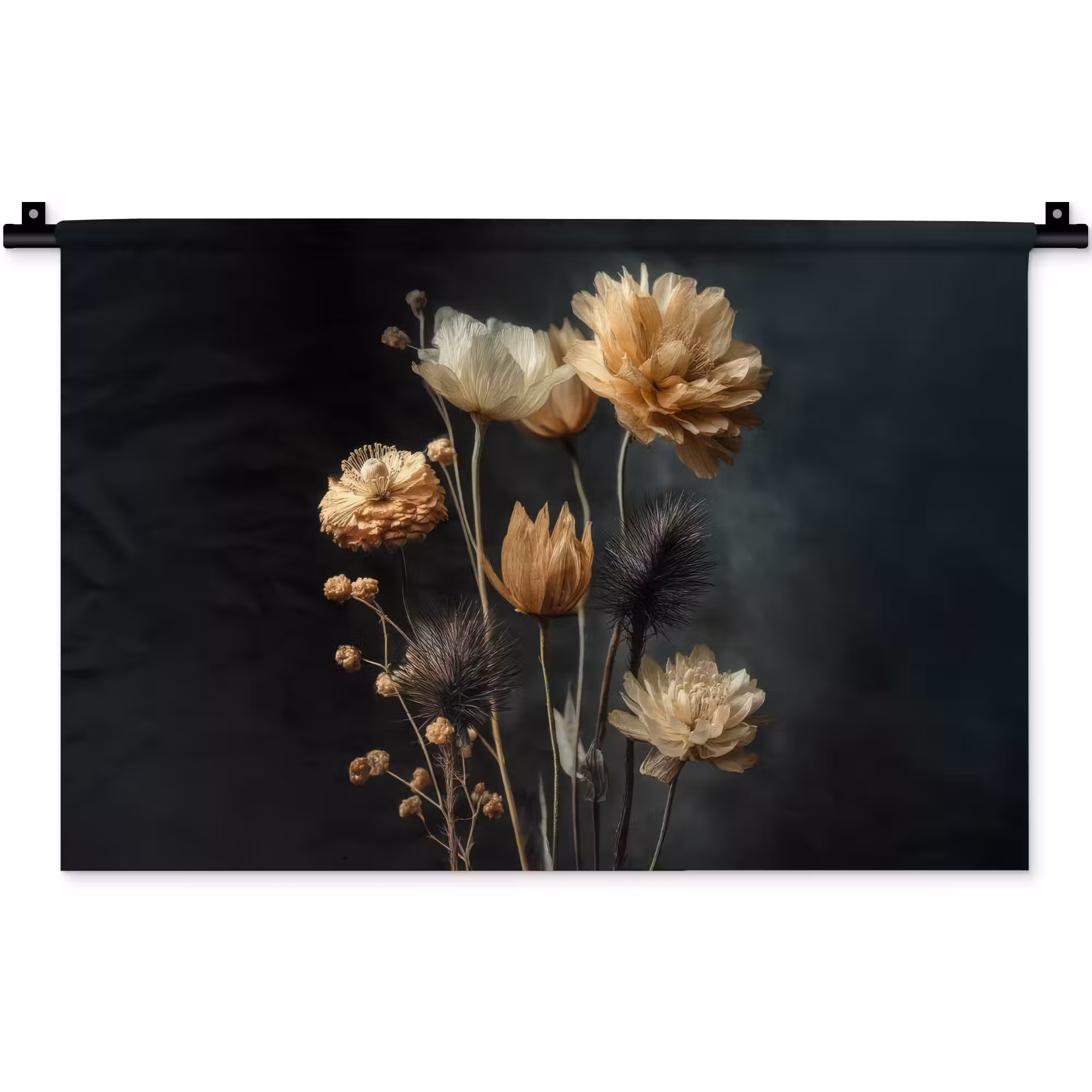 Wandteppich - Blumenstrauß - Blumen - Licht - Schwarz