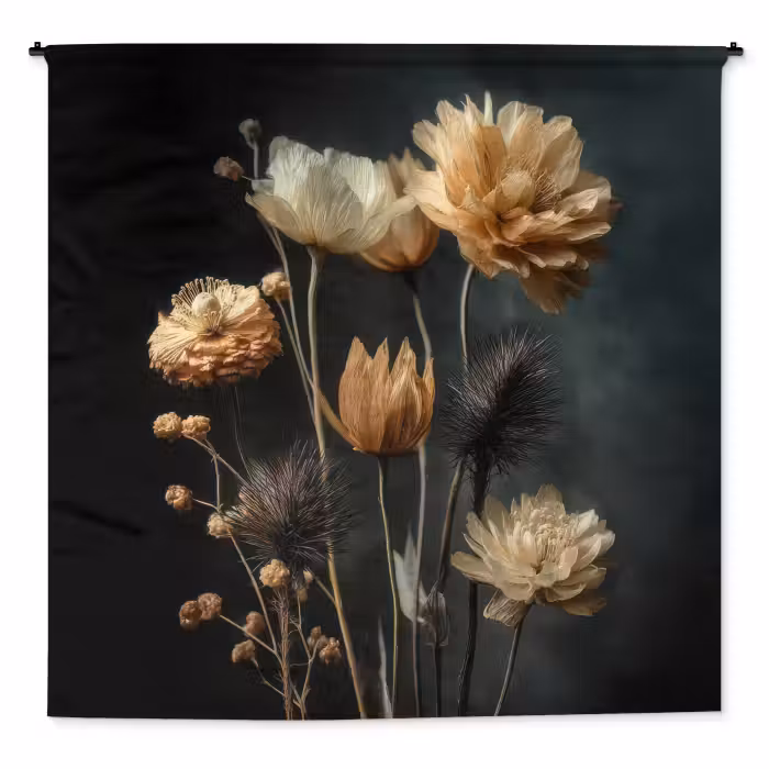 Wandteppich - Blumenstrauß - Blumen - Licht - Schwarz