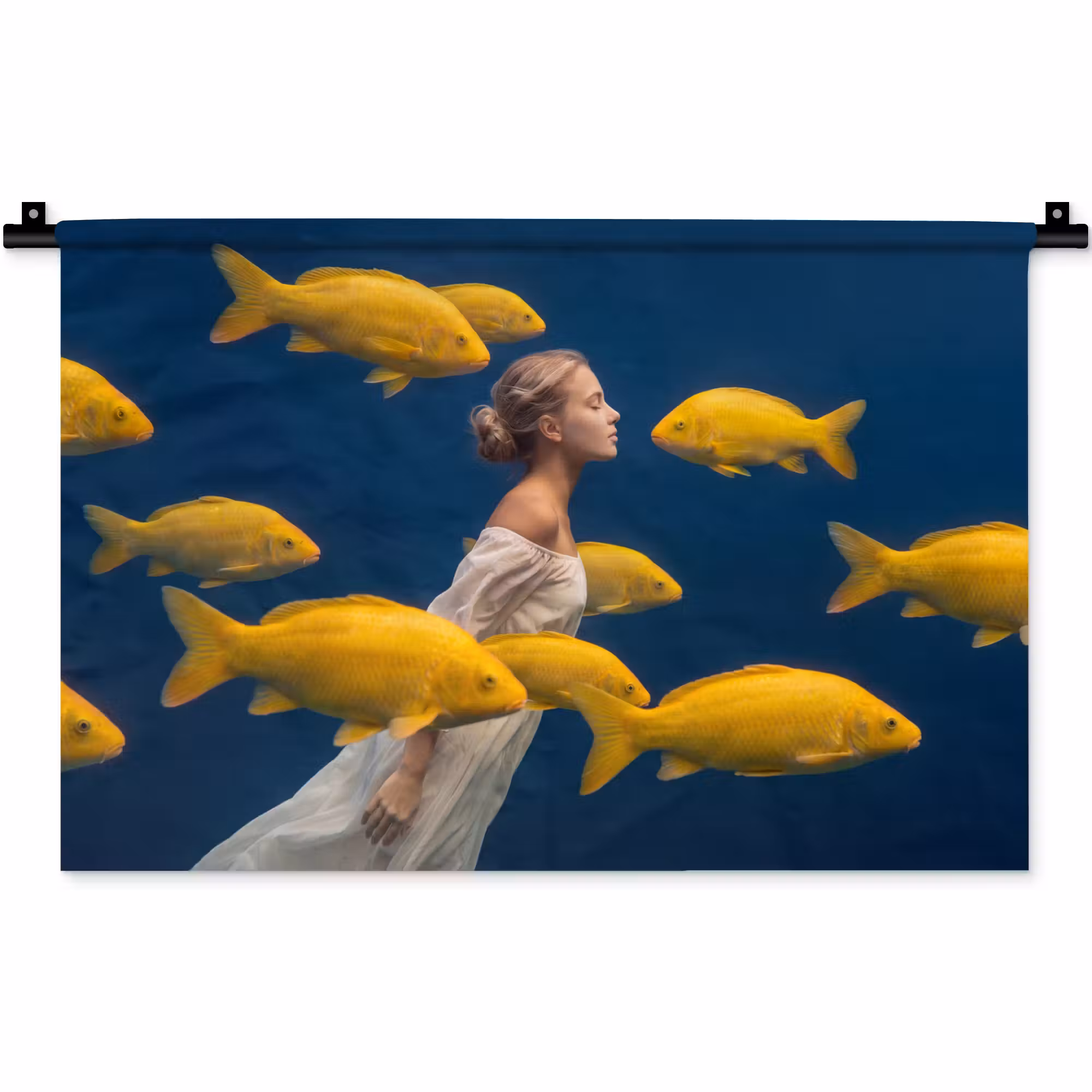 Wandteppich - Frau – Fisch – Wasser – Natur – Gelb