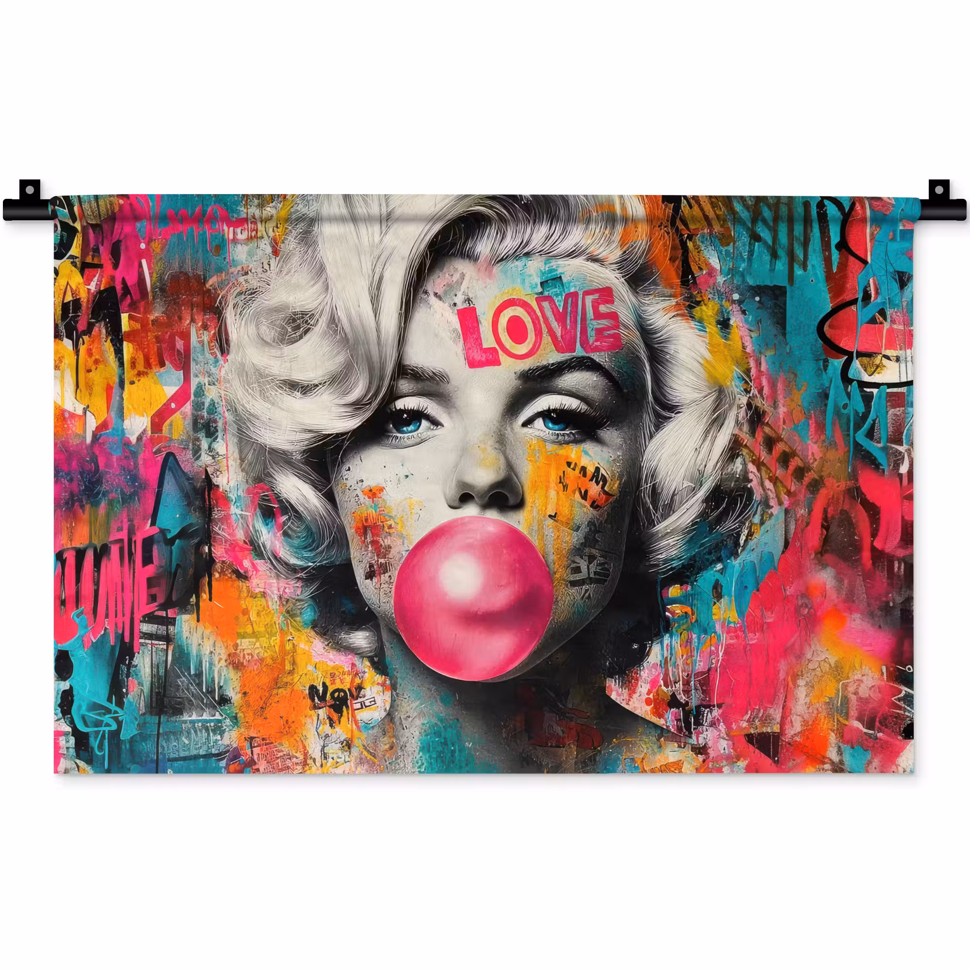 Wandteppich - Frau - Kaugummi - Graffiti - Neonfarben