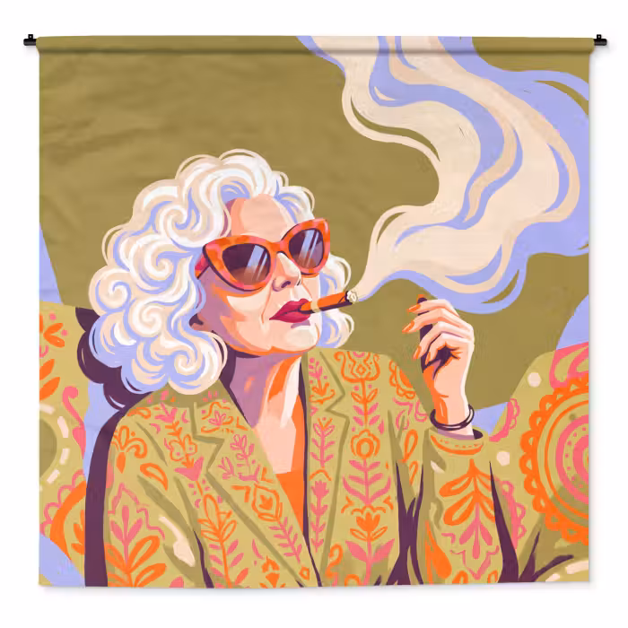 Wandteppich - Frau – Sonnenbrille – Porträt – Modern – Farbenfroh