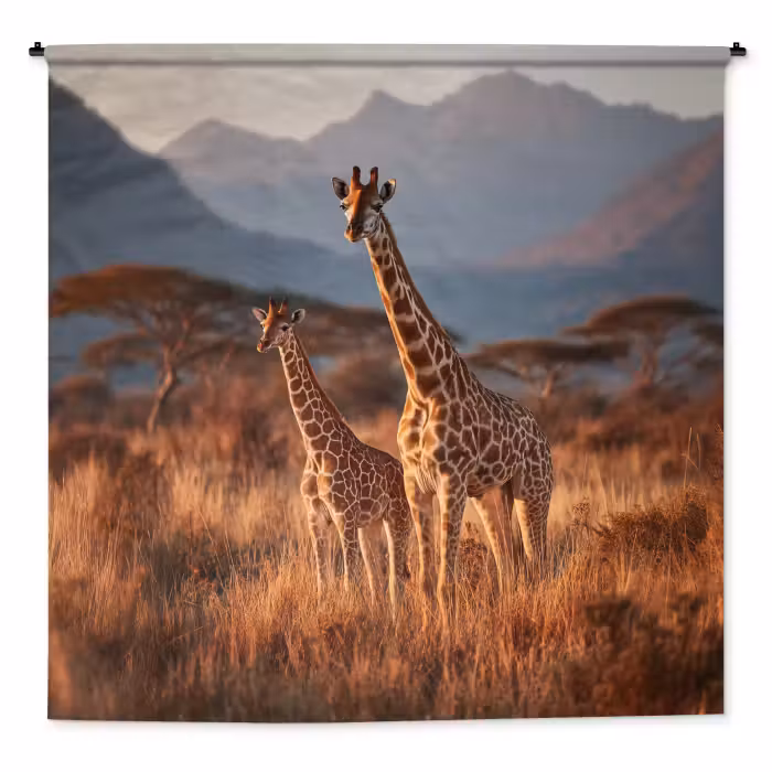 Wandteppich - Giraffen - Hohes Gras - Akazienbäume