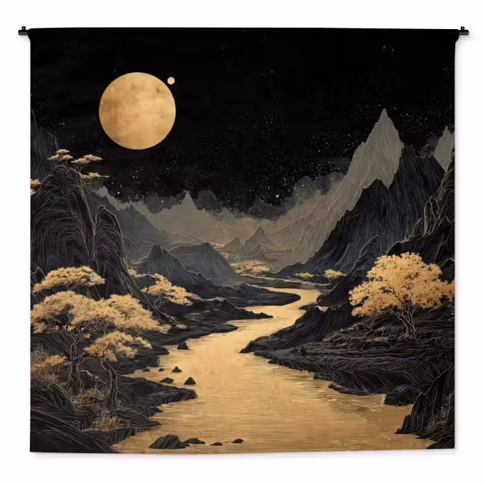 Wandteppich - Goldener Fluss - Berge - Mond - Sternenhimmel