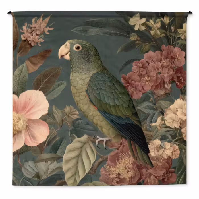Wandteppich - Grüner Papagei - Bunte Blumen - Dunkler Hintergrund