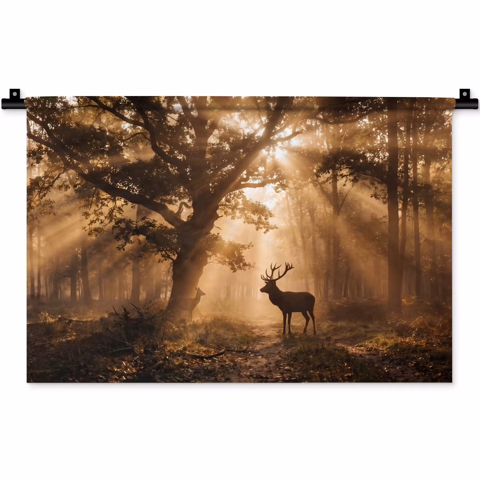 Wandteppich - Hirsch - Wald - Neblig - Natur - Gold