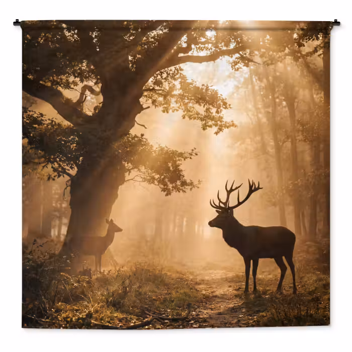 Wandteppich - Hirsch - Wald - Neblig - Natur - Gold