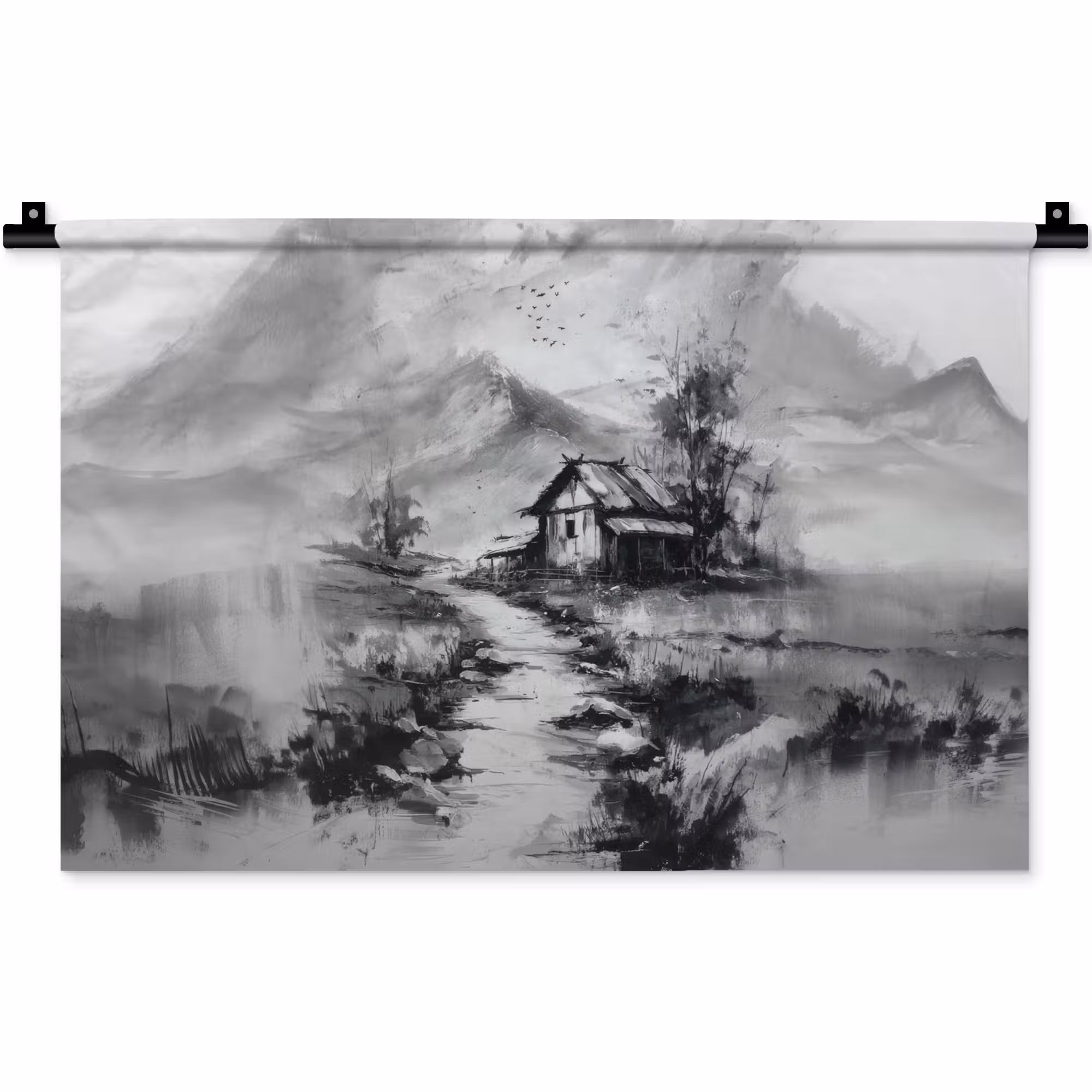 Wandteppich - Hütte - Grau - Berge - Neblig