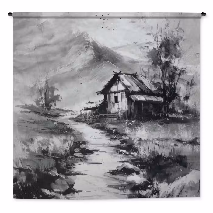 Wandteppich - Hütte - Grau - Berge - Neblig