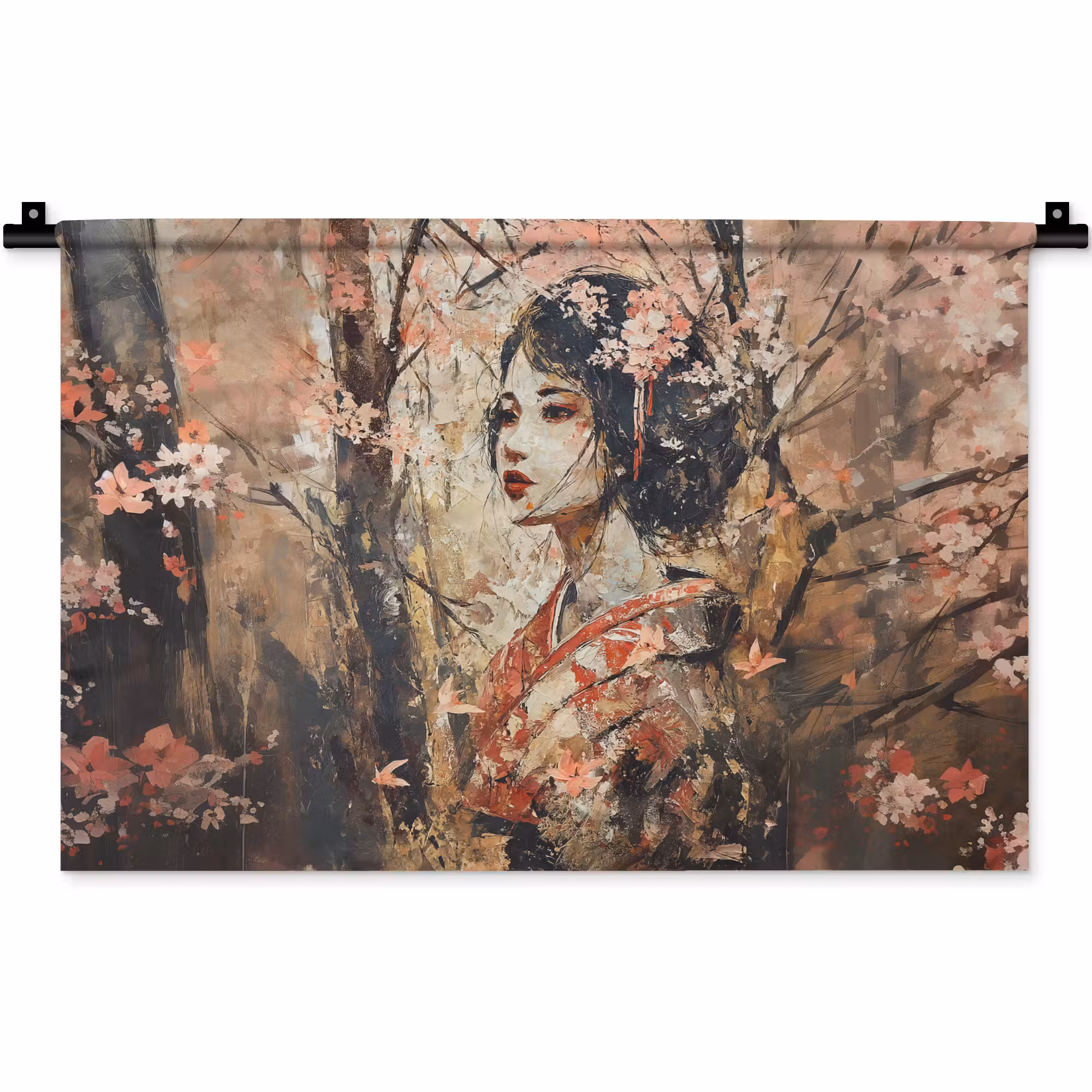 Wandteppich - Kimono - Frau - Kirschbäume