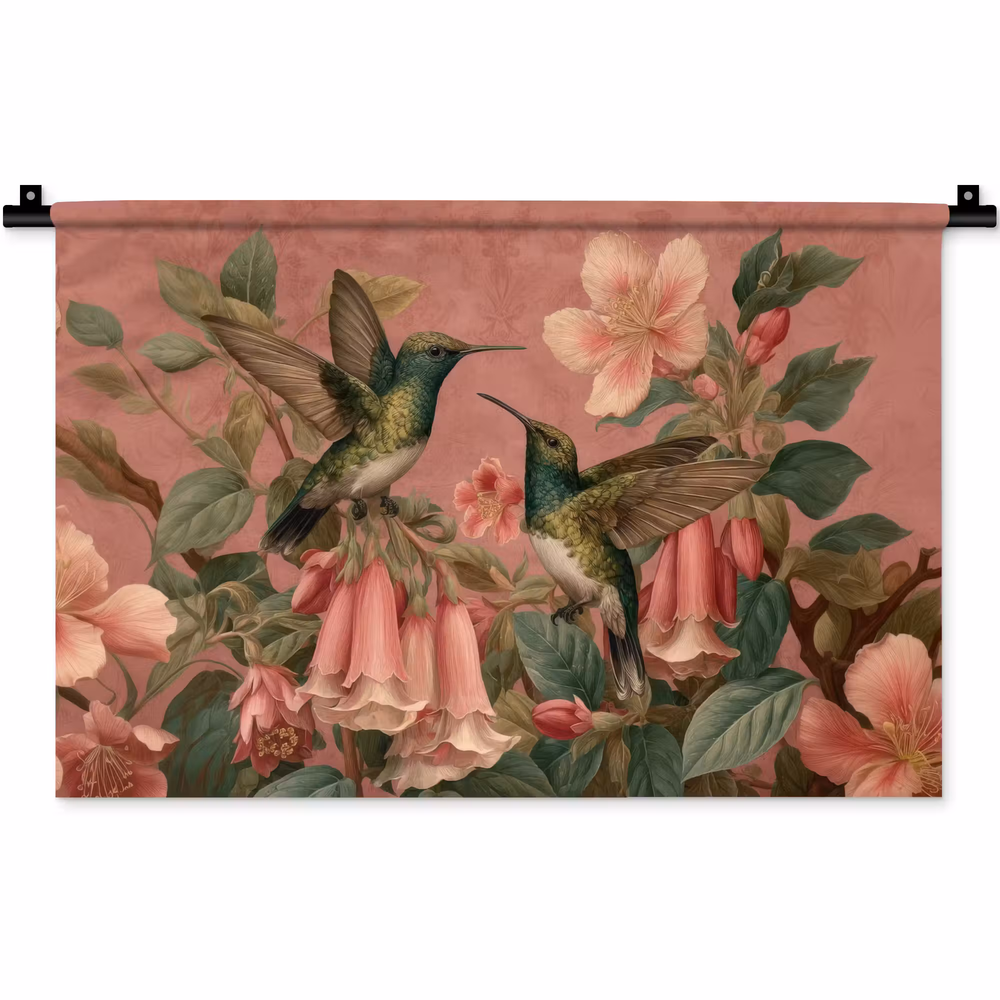 Wandteppich - Kolibris - Blumen - Grün - Rosa
