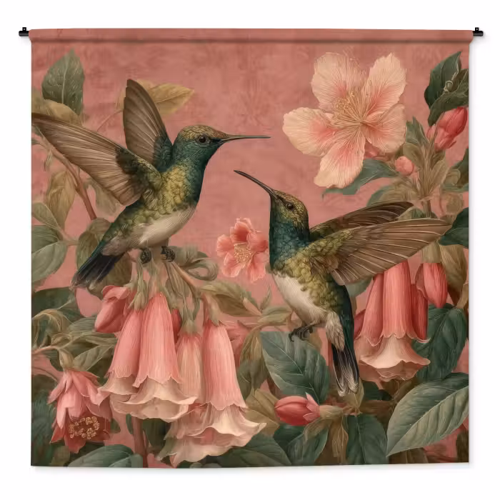 Wandteppich - Kolibris - Blumen - Grün - Rosa