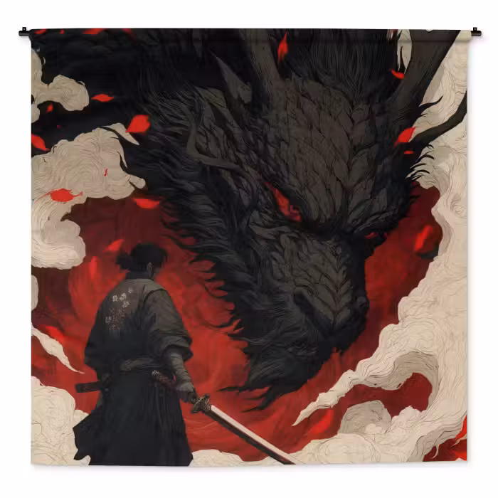 Wandteppich - Krieger - Drache - Schwarz - Rot - Rauch