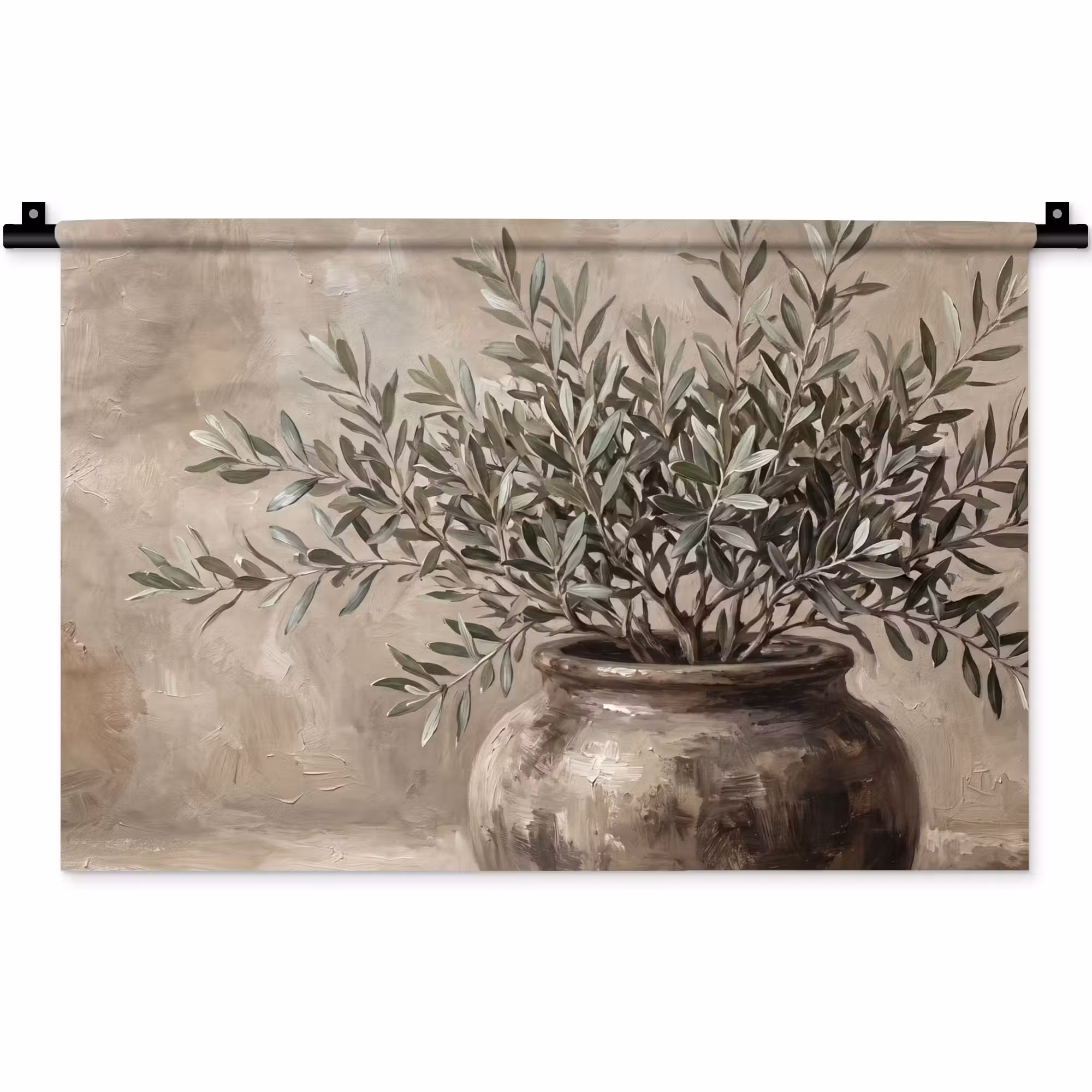 Wandteppich - Olivenpflanze - Tontopf - Abstrakt - Beige