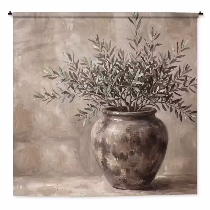 Wandteppich - Olivenpflanze - Tontopf - Abstrakt - Beige