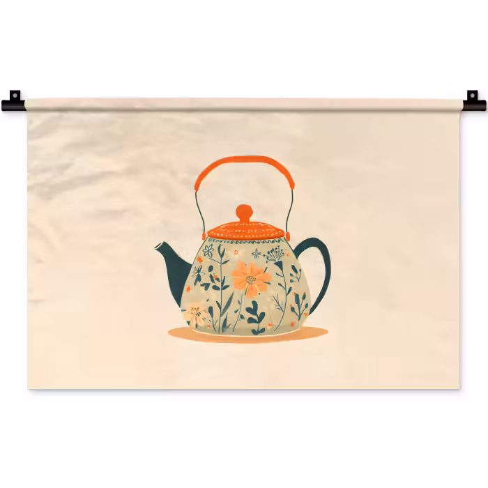 Wandteppich - Orange - Teekanne - Blumen - Blätter