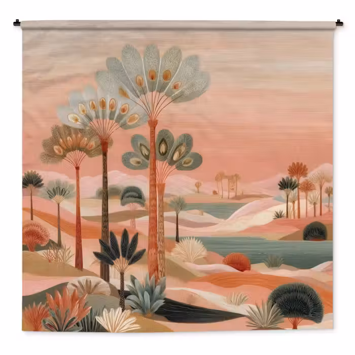 Wandteppich - Rosa Landschaft - Palmen - Wasser