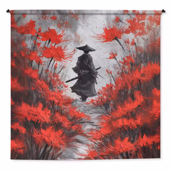 Wandteppich - Rote Blumen - neblig - Mann