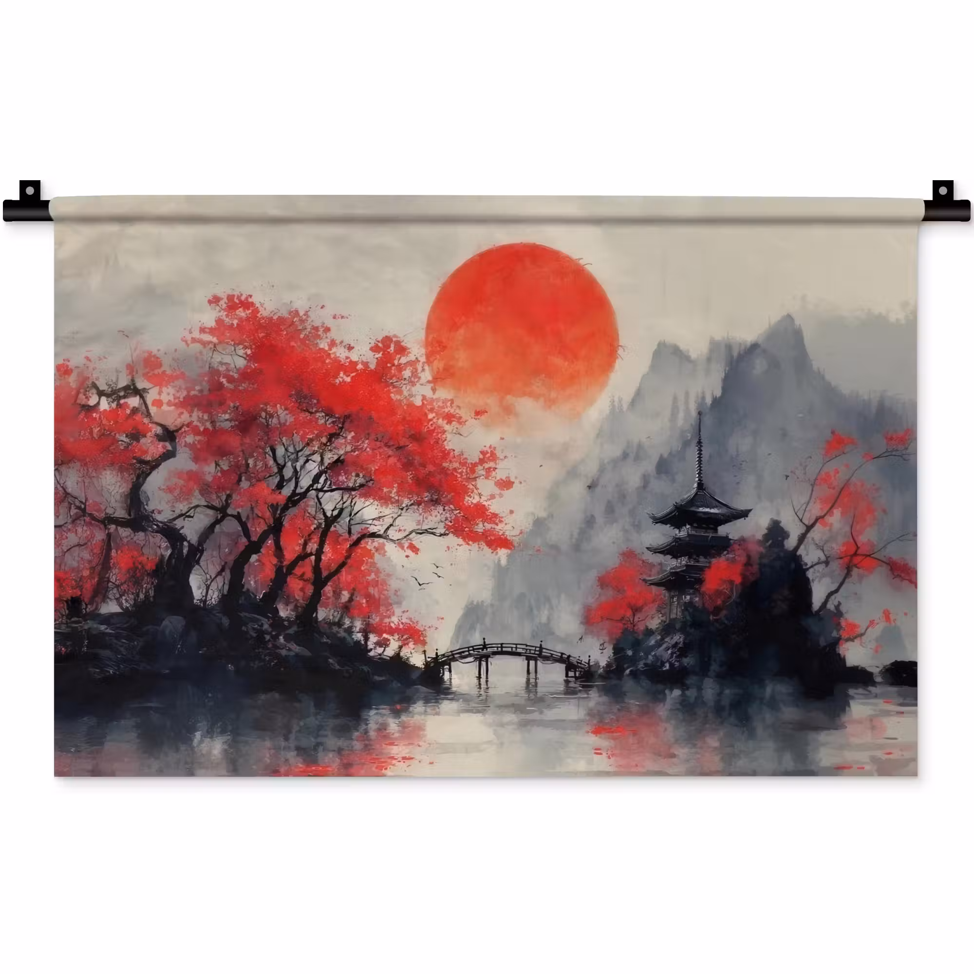 Wandteppich - Rote Sonne - Fluss - Brücke - Bäume