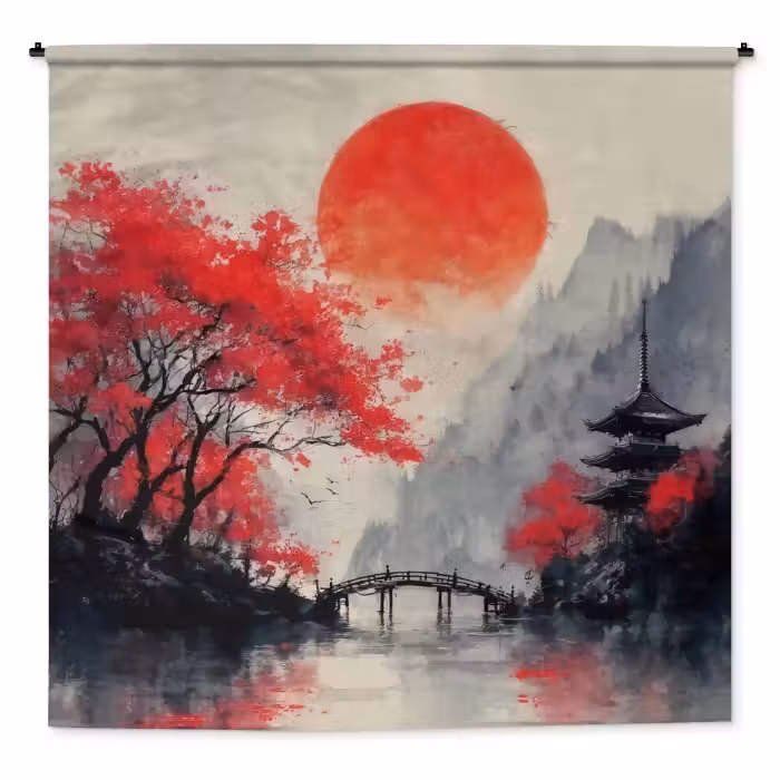 Wandteppich - Rote Sonne - Fluss - Brücke - Bäume