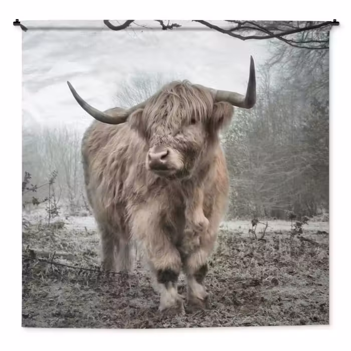 Wandteppich - Schottischer Highlander - Wald - Nebel - Kuh - Tiere - Natur