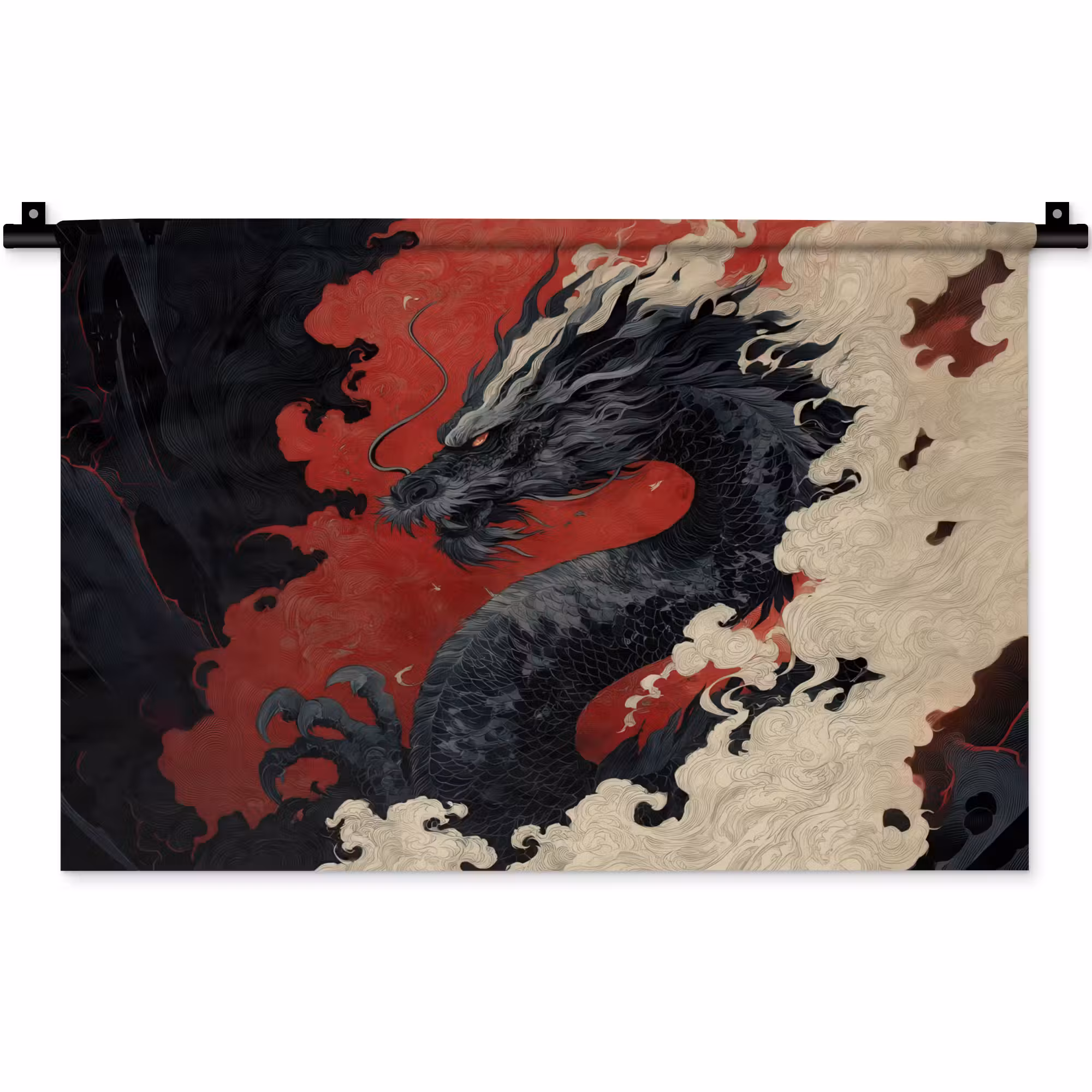 Wandteppich - Schwarzer Drache - Rauchwolken - Rot