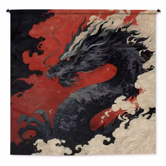 Wandteppich - Schwarzer Drache - Rauchwolken - Rot
