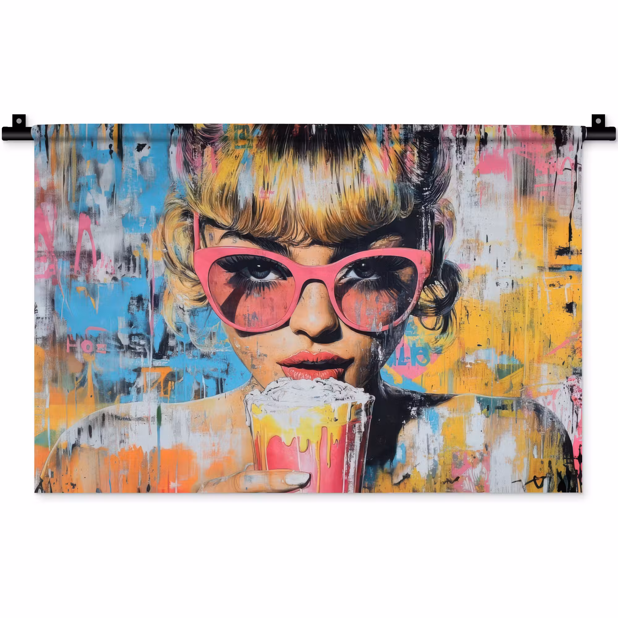 Wandteppich - Sonnenbrille - Frau - Bunt - Farbspritzer